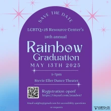 Blue and pink gradient background, decorated with pink stars. Text is on dark purple half circles. Text reads "SAVE THE DATE: LGBTQ+2S Resource Center's 18th Annual Rainbow graduation. May 13th 2025" Body of text is typed out in full below